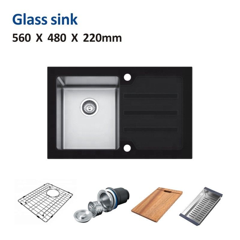Glass 22 Inch Undermount Kitchen Sink Square Single Bowl 56x48